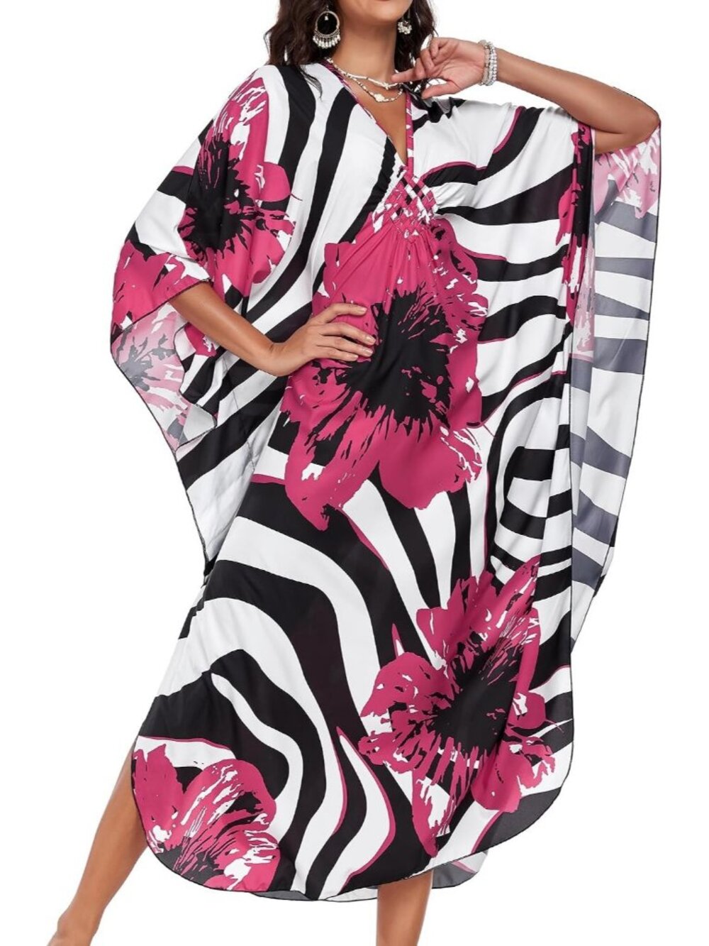 Women Rosy Red Flower Polyester Plus Size V Neck Printed Batwing Sleeves Coverup - Picture 3 of 6